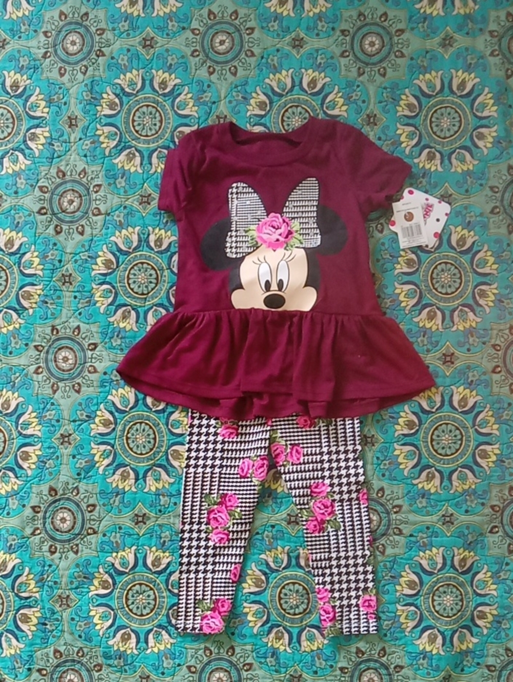 Girls Minnie Mouse Burgundy Peplum Top & Houndstooth Floral Leggings Set
